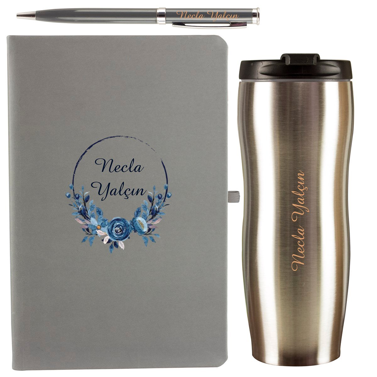 İsme Özel Defter Termos ve Kalem Elegance Hediye Seti 400 ml - Desen2