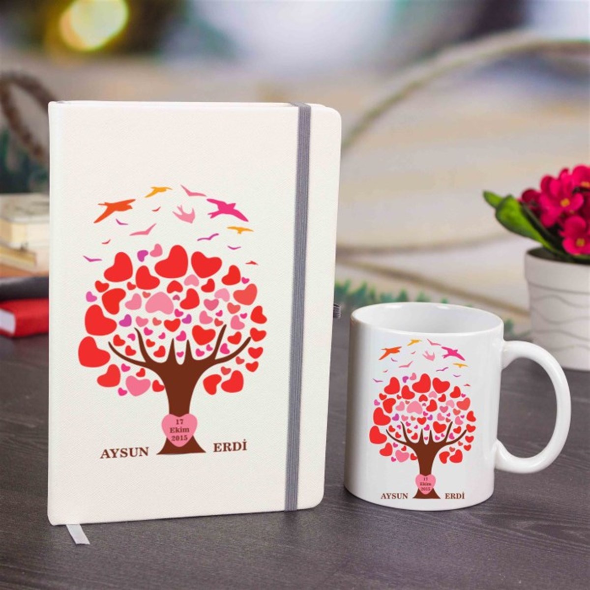 İsme Özel Defter ve Kupa Bardak Seti - Kalp Ağacı