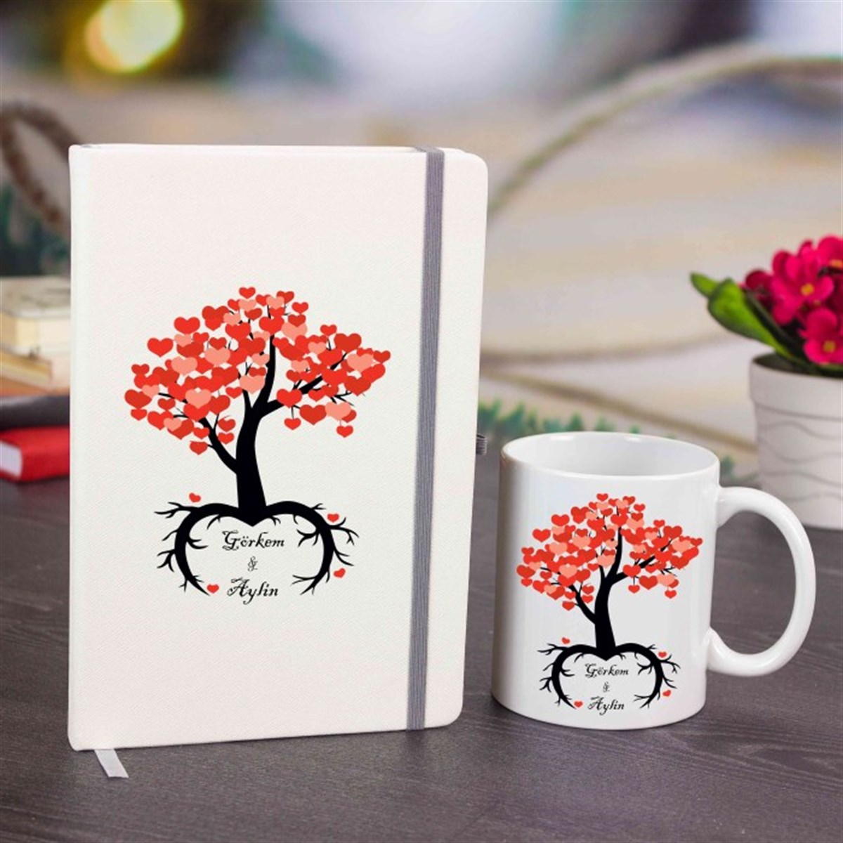 İsme Özel Defter ve Kupa Bardak Seti - Kalpli Aşk Ağacı