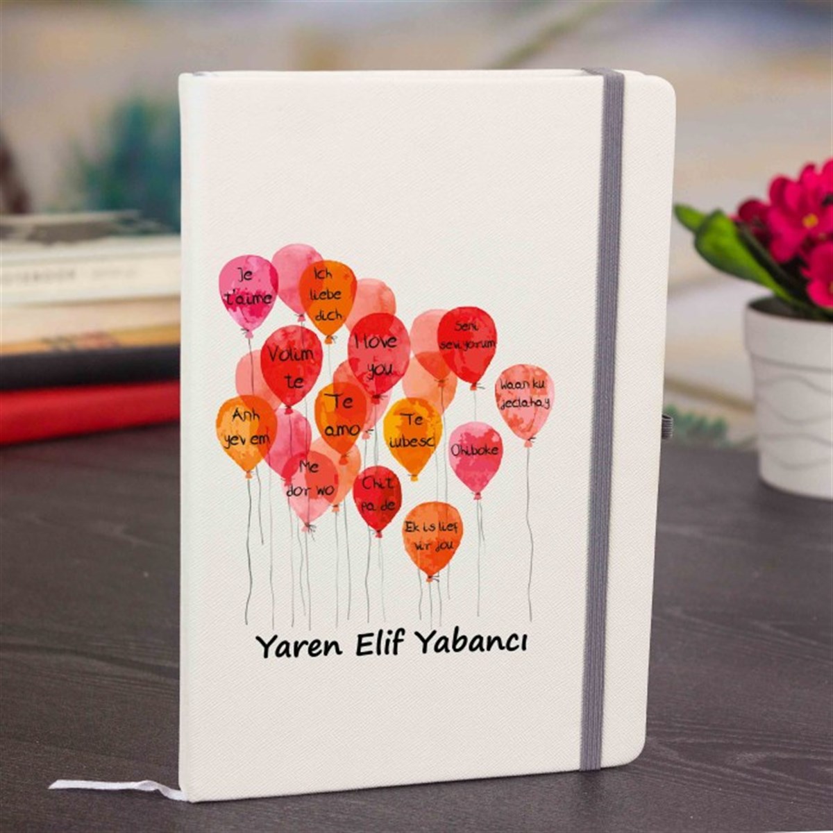 İsme Özel Defter ve Kupa Bardak Seti - Seni Seviyorum Kalpli Balonlar