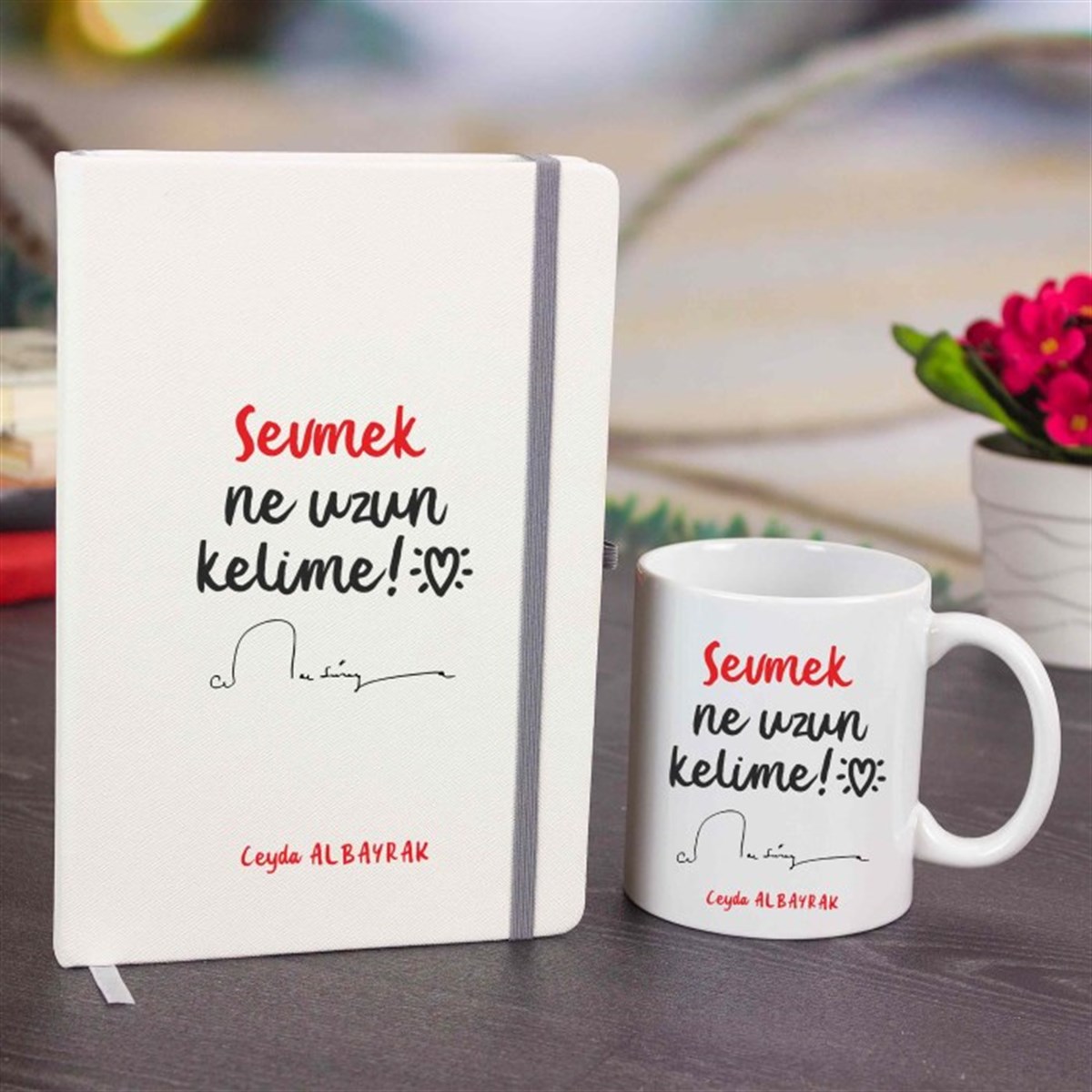 İsme Özel Defter ve Kupa Bardak Seti - Sevmek Ne Uzun Kelime