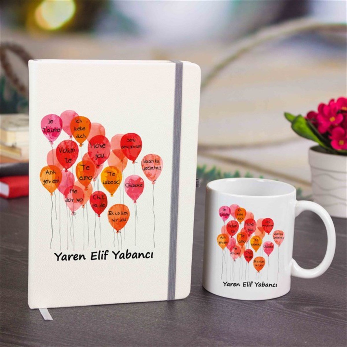 İsme Özel Defter ve Kupa Bardak Seti - Seni Seviyorum Kalpli Balonlar