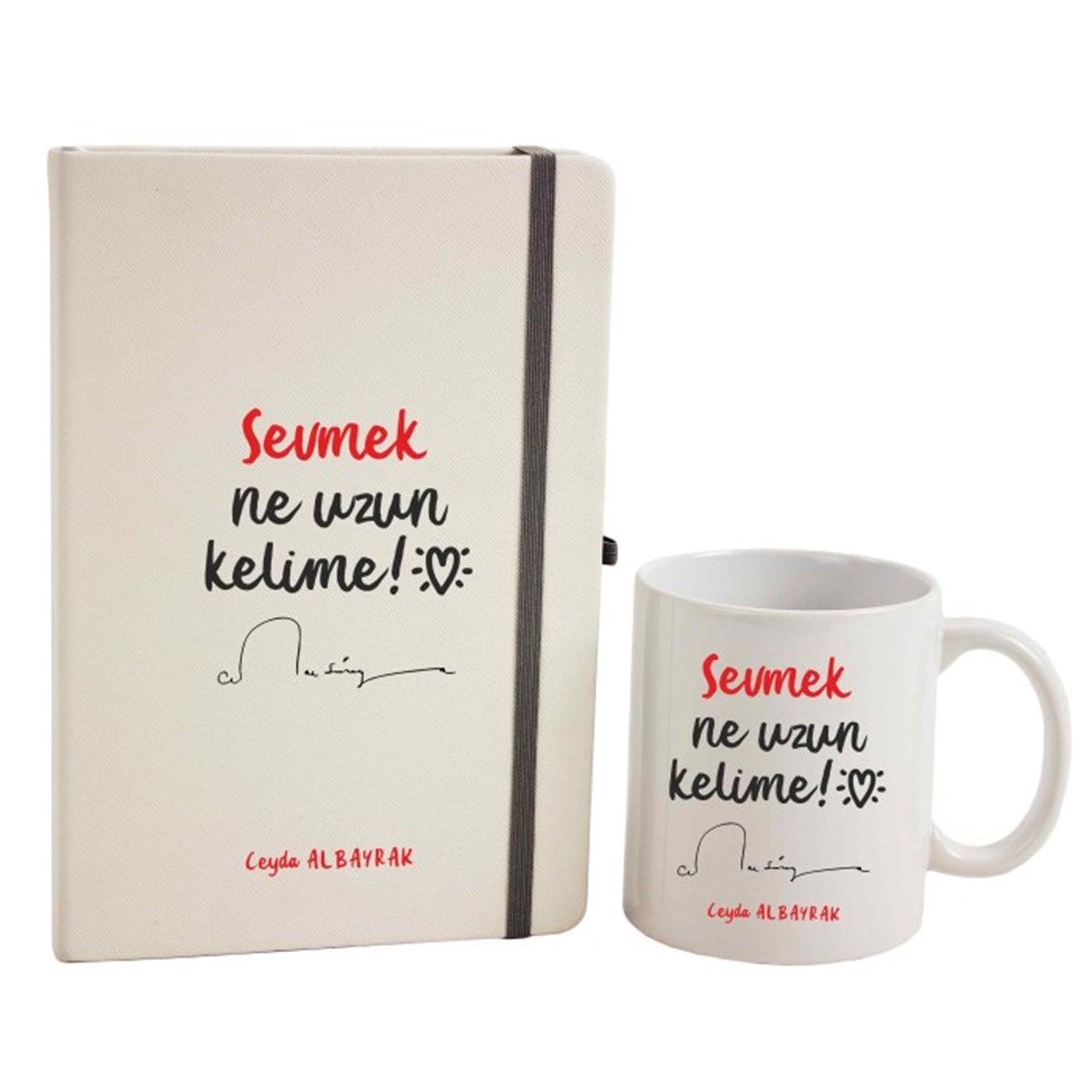 İsme Özel Defter ve Kupa Bardak Seti - Sevmek Ne Uzun Kelime