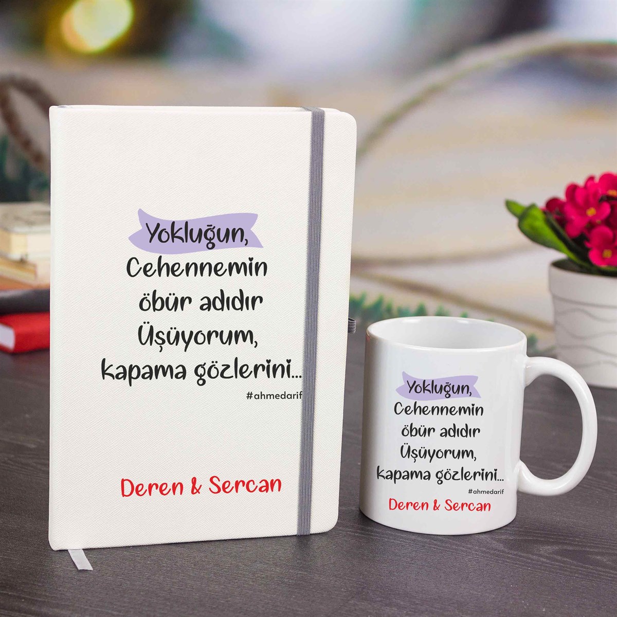 İsme Özel Defter ve Kupa Bardak Seti - Yokluğun, Cehennemin Öbür Adıdır Üşüyorum, Kapama Gözlerini