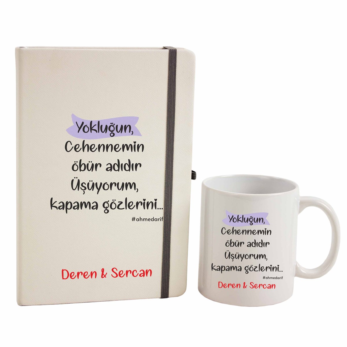 İsme Özel Defter ve Kupa Bardak Seti - Yokluğun, Cehennemin Öbür Adıdır Üşüyorum, Kapama Gözlerini