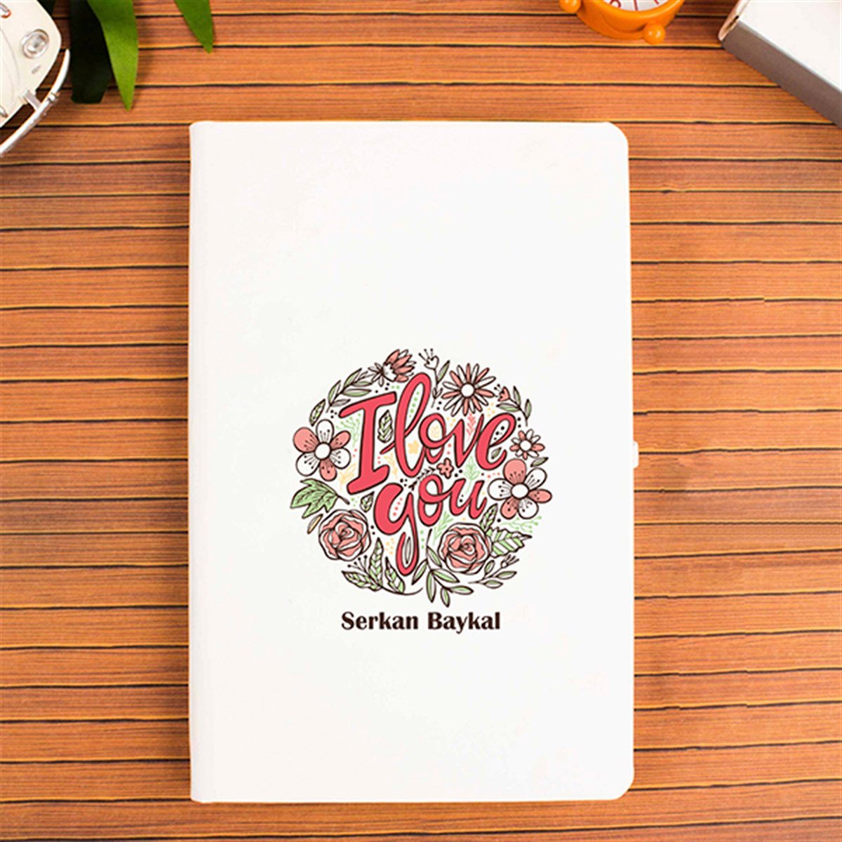 İsme Özel Defter ve Kupa Bardak Seti - Çiçek Detaylı I Love You Baskılı