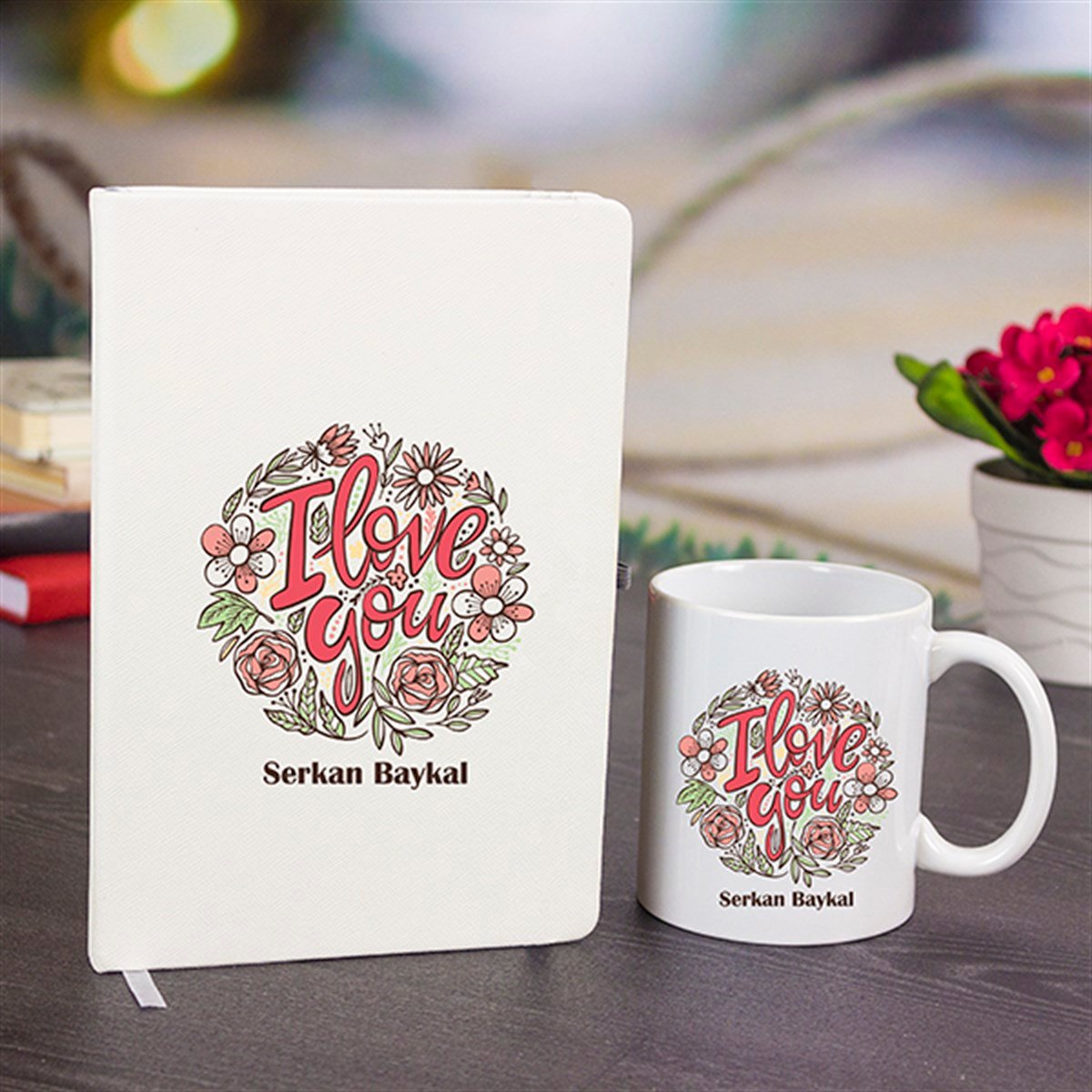 İsme Özel Defter ve Kupa Bardak Seti - Çiçek Detaylı I Love You Baskılı