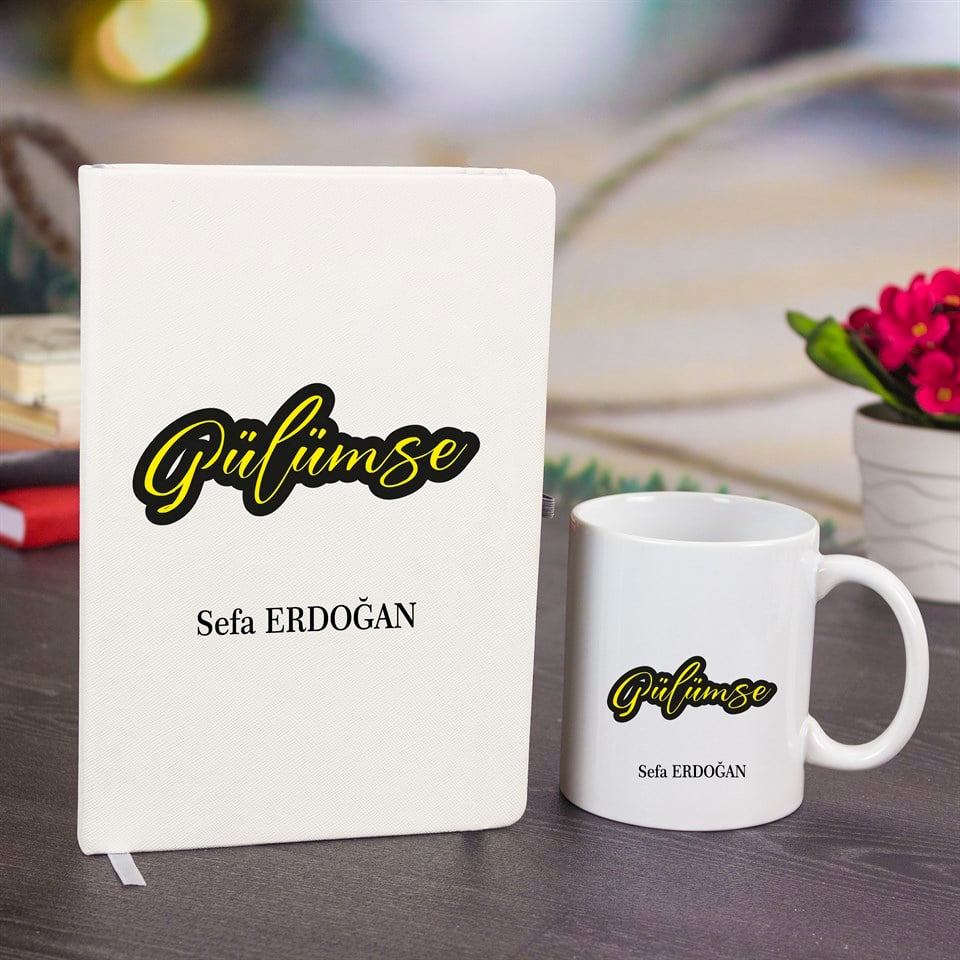 İsme Özel Defter ve Kupa Bardak Seti - Gülümse