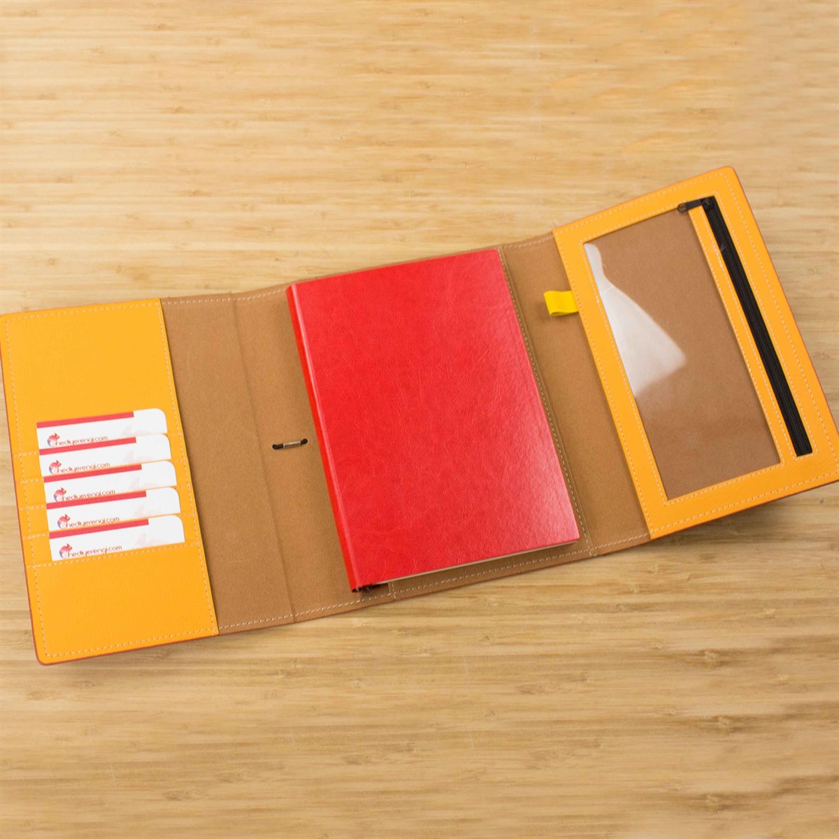 İsme Özel Deri Kapaklı Organizerli Defter ve Kalem Seti Taba