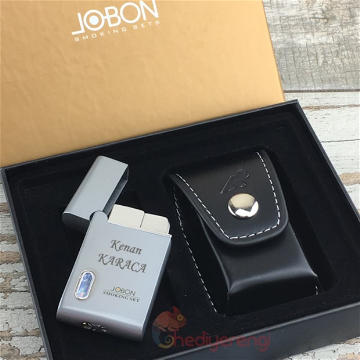 İsme Özel Deri Kılıflı Metal Jobon Çakmak Gümüş Renk