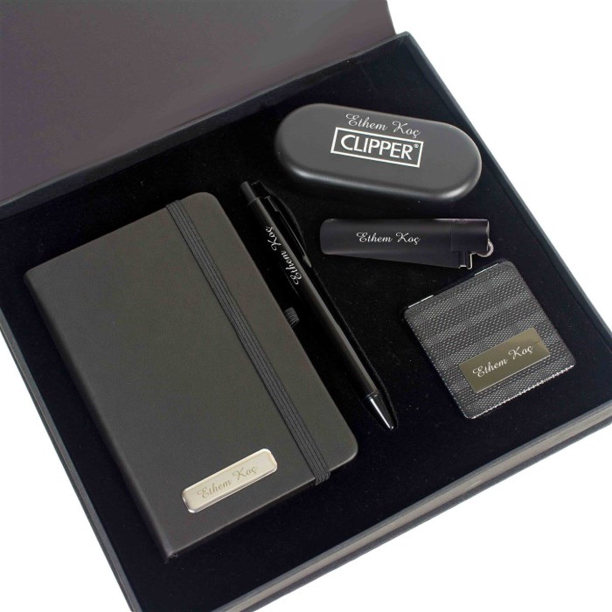 İsme Özel Exclusive Defter Kalem Ayna ve Çakmak Seti Siyah