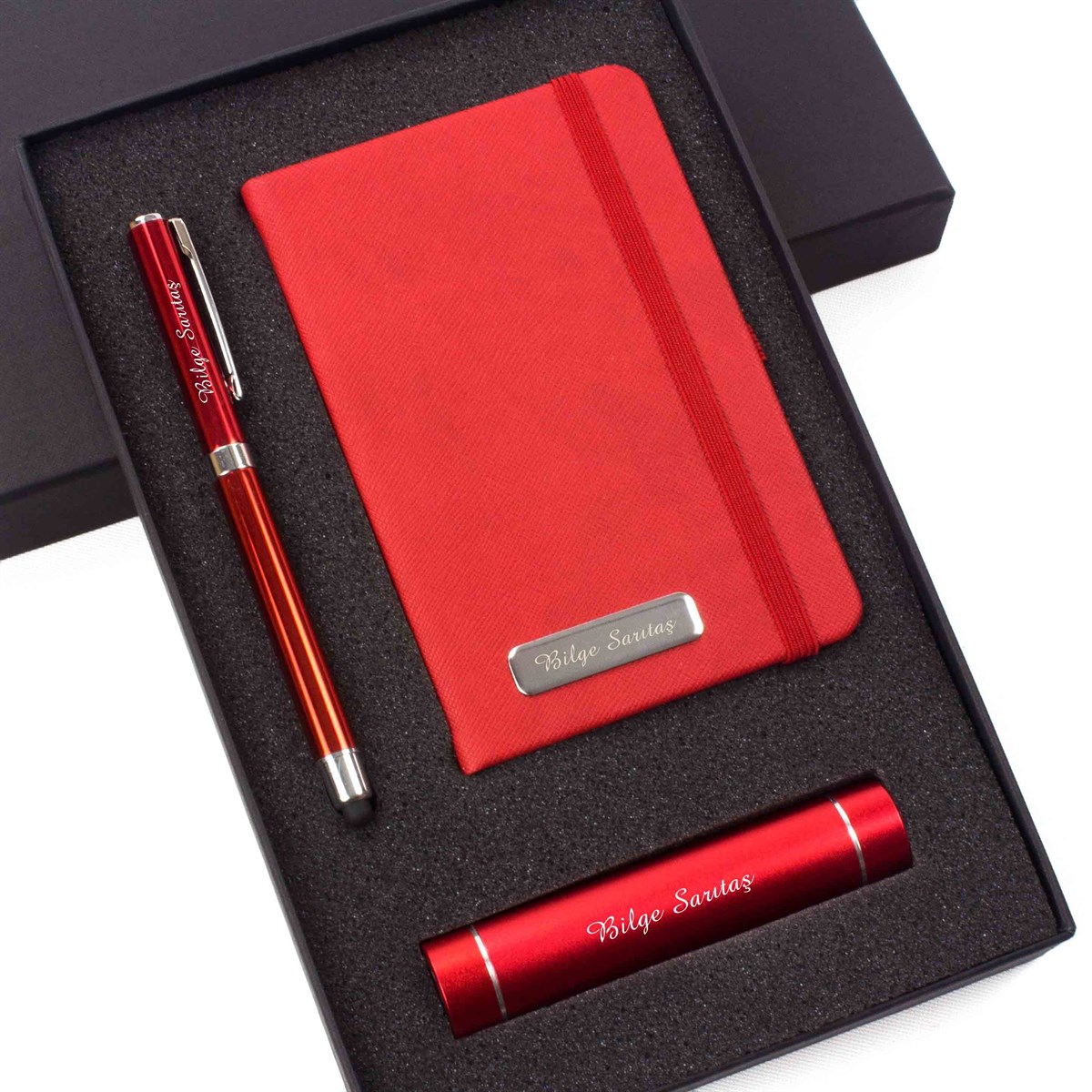 İsme Özel Exclusive Powerbank Defter ve Kalem Seti Kırmızı