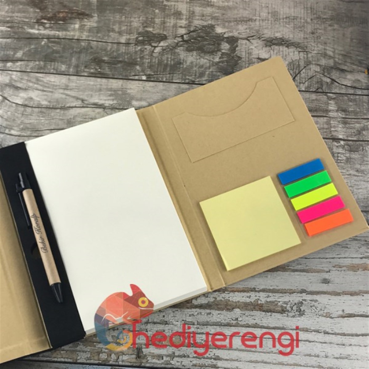 İsme Özel Geri Dönüşümlü Organizerli Defter Renkli Stickerlar ve Kalem Seti