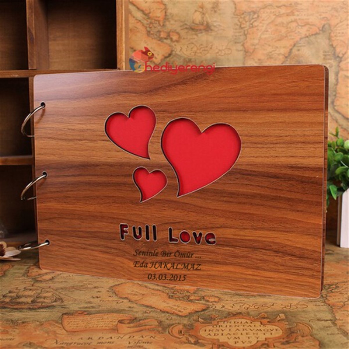 İsme Özel Kalp Desenli Ahşap Kendin Yap Albüm Defter Full Love
