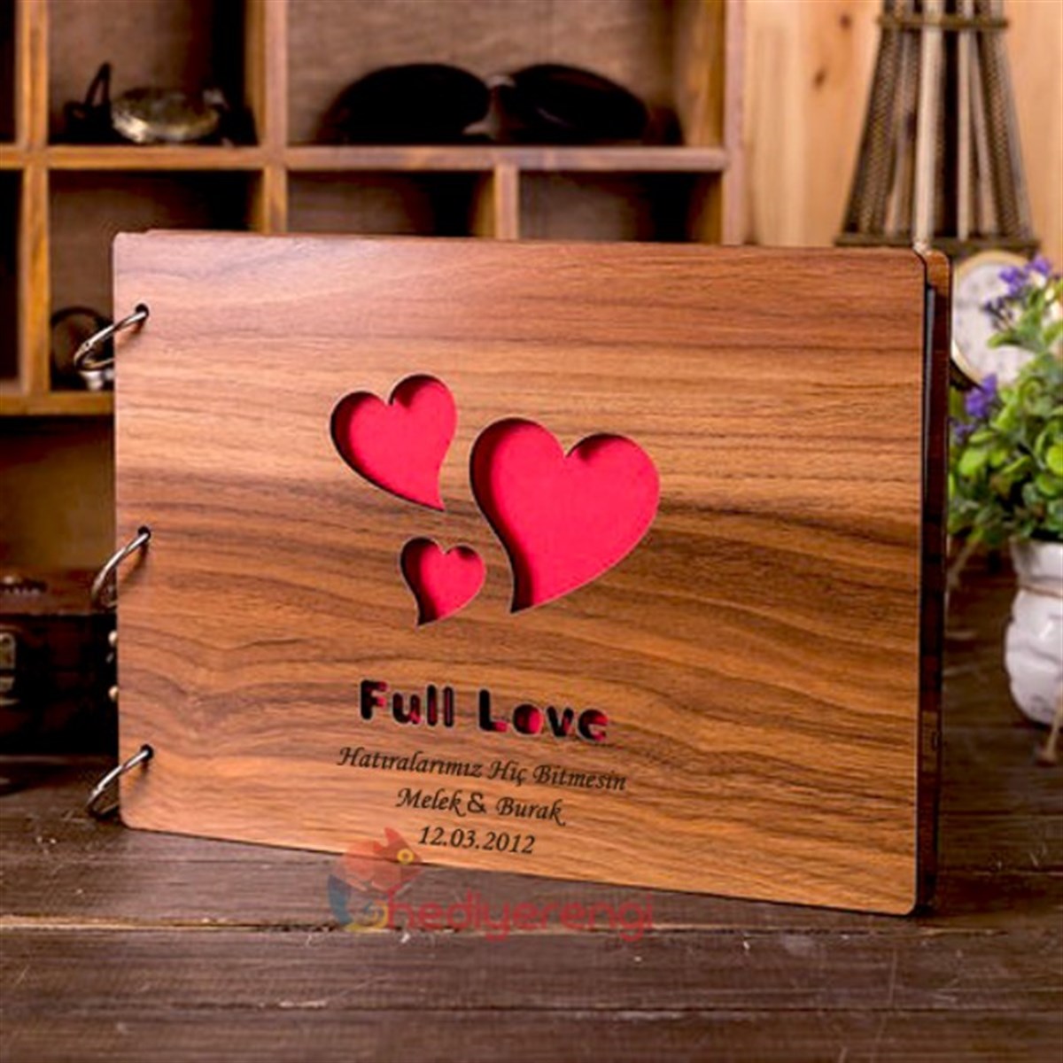 İsme Özel Kalp Desenli Ahşap Kendin Yap Albüm Defter Full Love