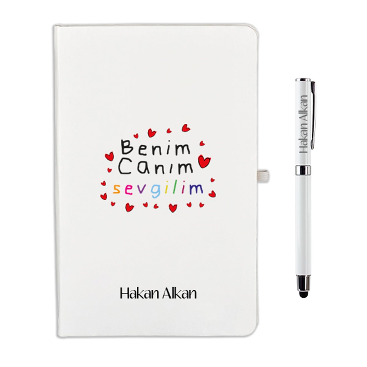 İsme Özel Kalpli Çizim Temalı Defter ve Kalem Seti - Benim Canım Sevgilim