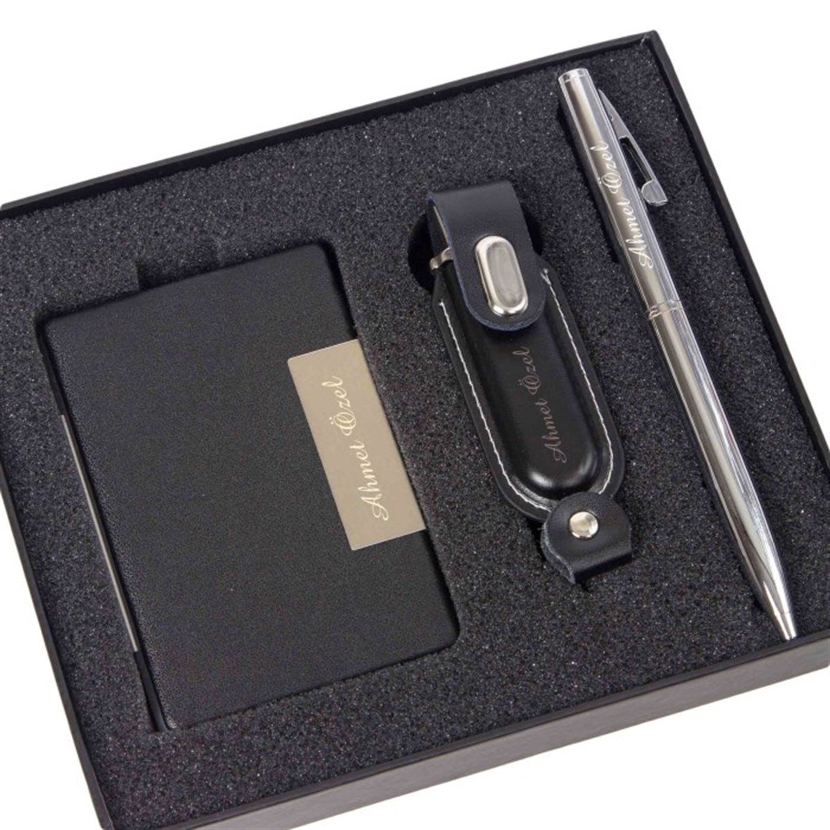 İsme Özel Kartvizitlik Usb ve Tükenmez Kalem Seti Siyah