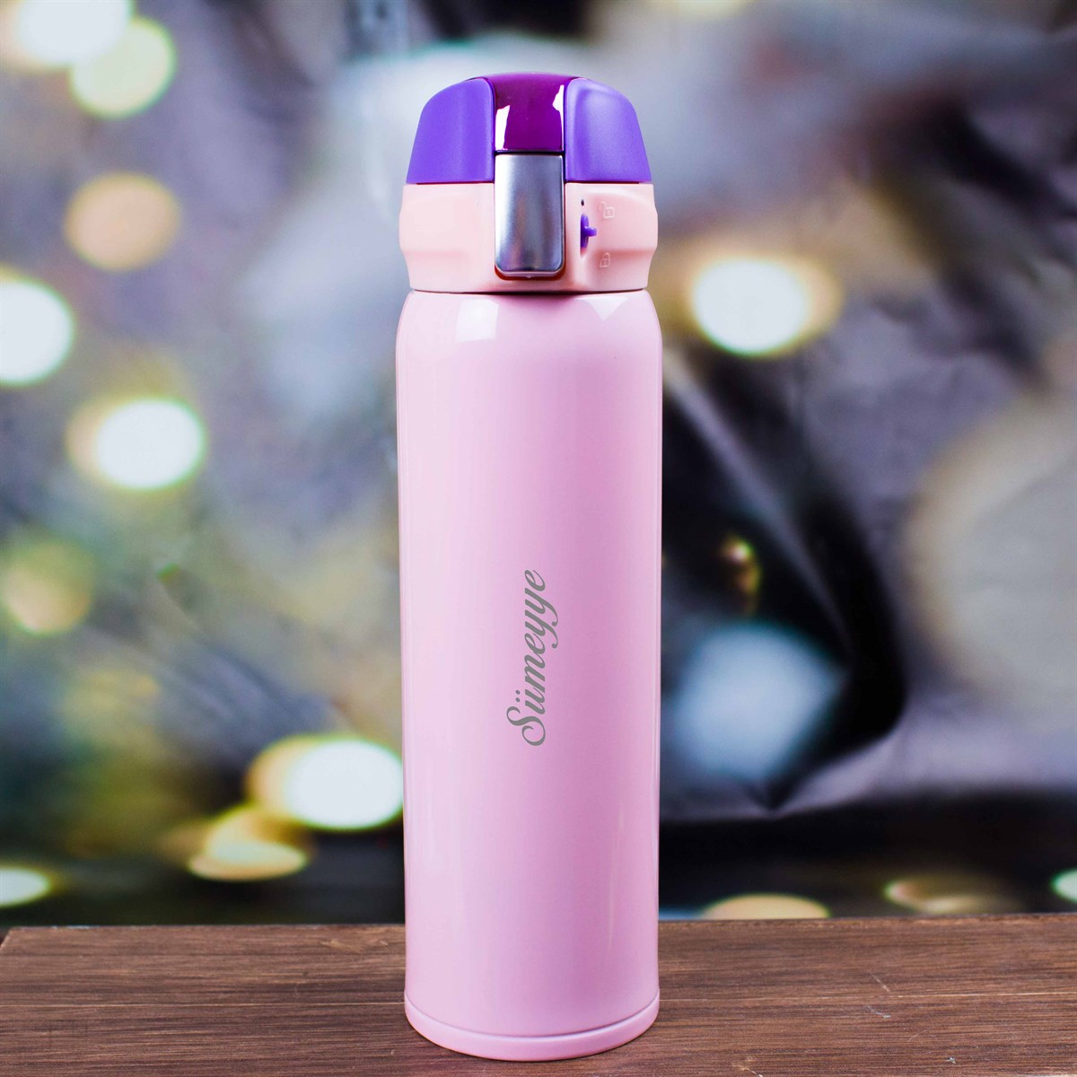 İsme Özel Kilitli  Kapaklı Lüx Çelik Termos 500 ML - Pembe M1