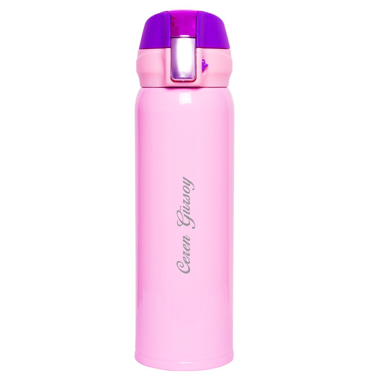 İsme Özel Kilitli  Kapaklı Lüx Çelik Termos 500 ML - Pembe M1
