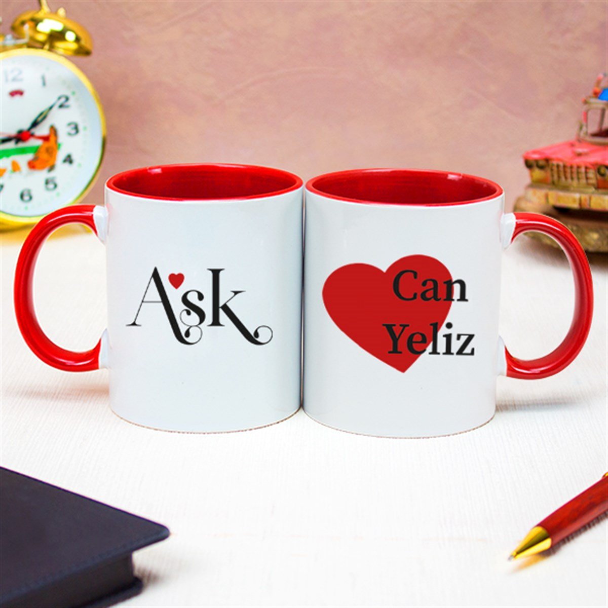 İsme Özel Kırmızı Renkli Kalpli Kupa Bardak