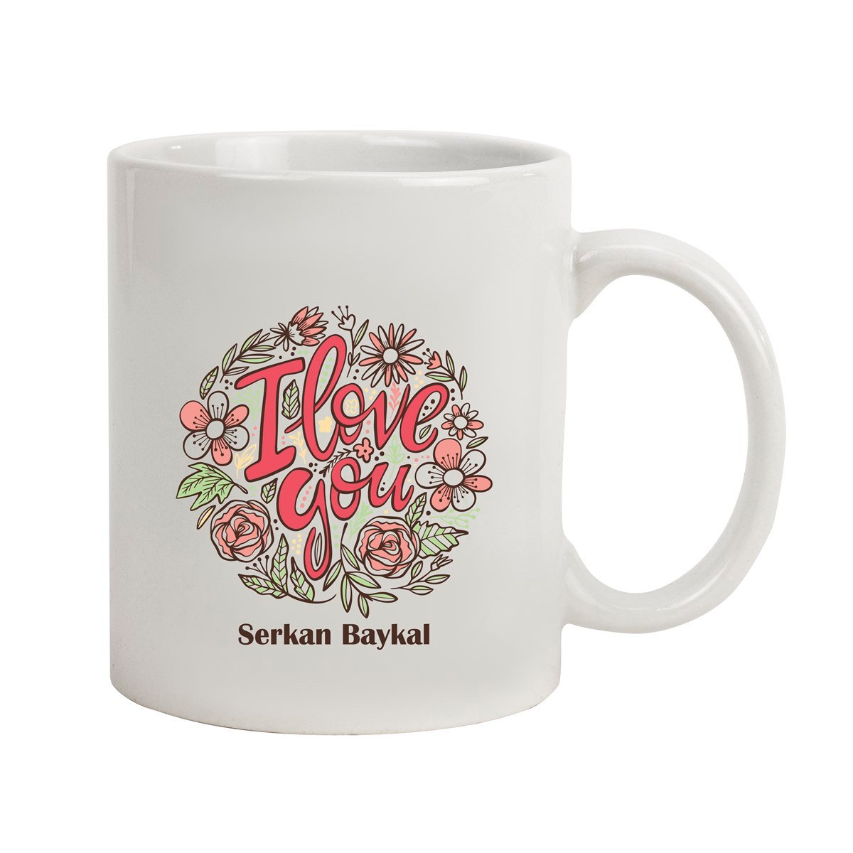 İsme Özel Kupa Bardak - Çiçek Detaylı I Love You Baskılı