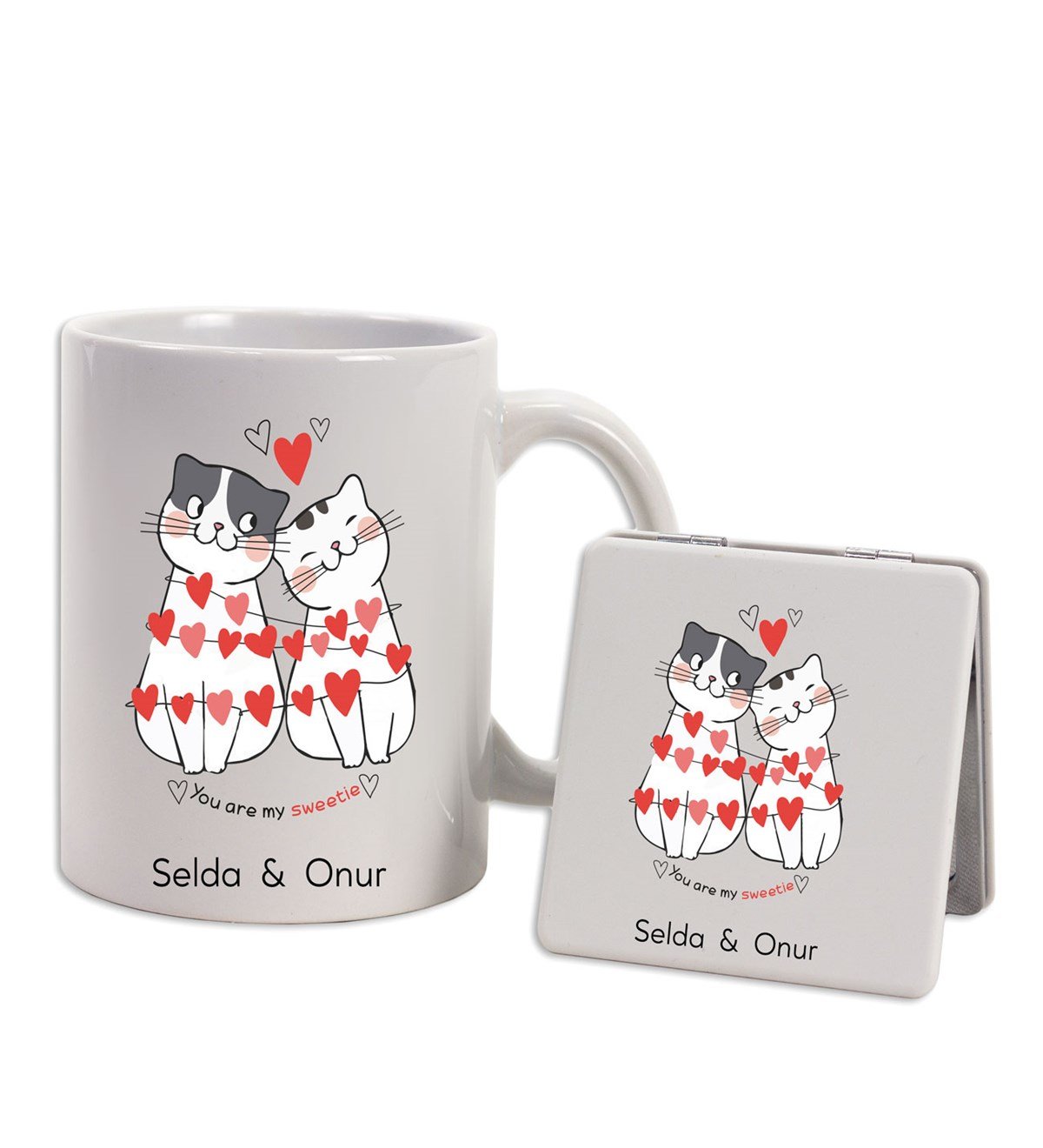 İsme Özel Kupa Bardak ve Ayna Seti - Cats Love