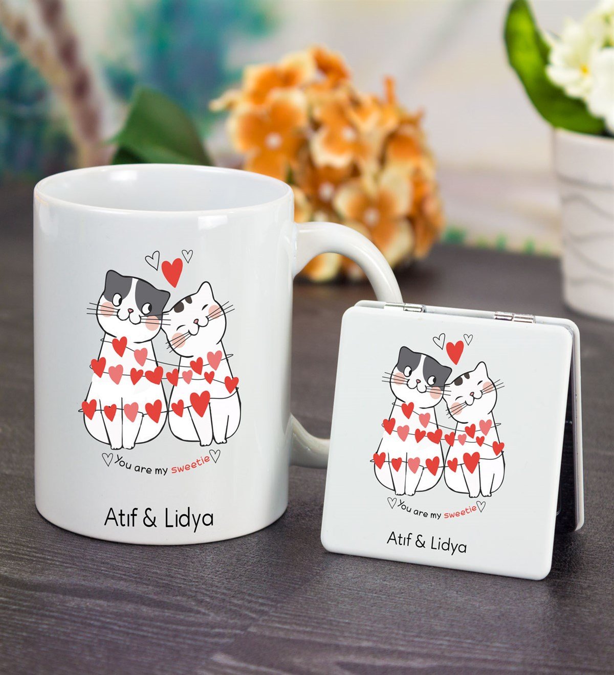 İsme Özel Kupa Bardak ve Ayna Seti - Cats Love
