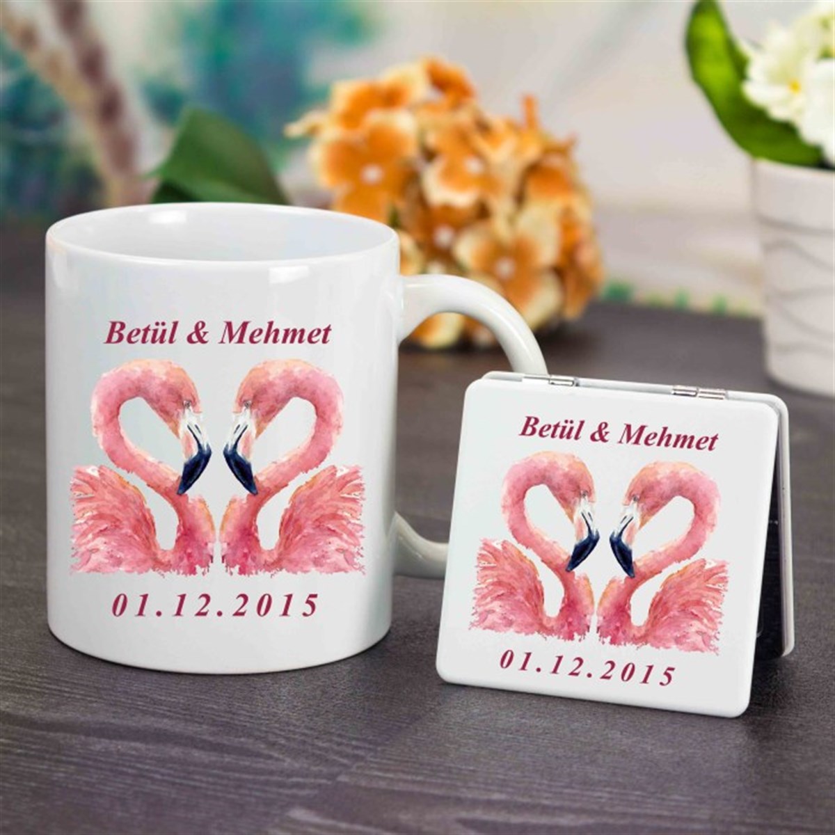 İsme Özel Kupa Bardak ve Ayna Seti - Çift Flamingo