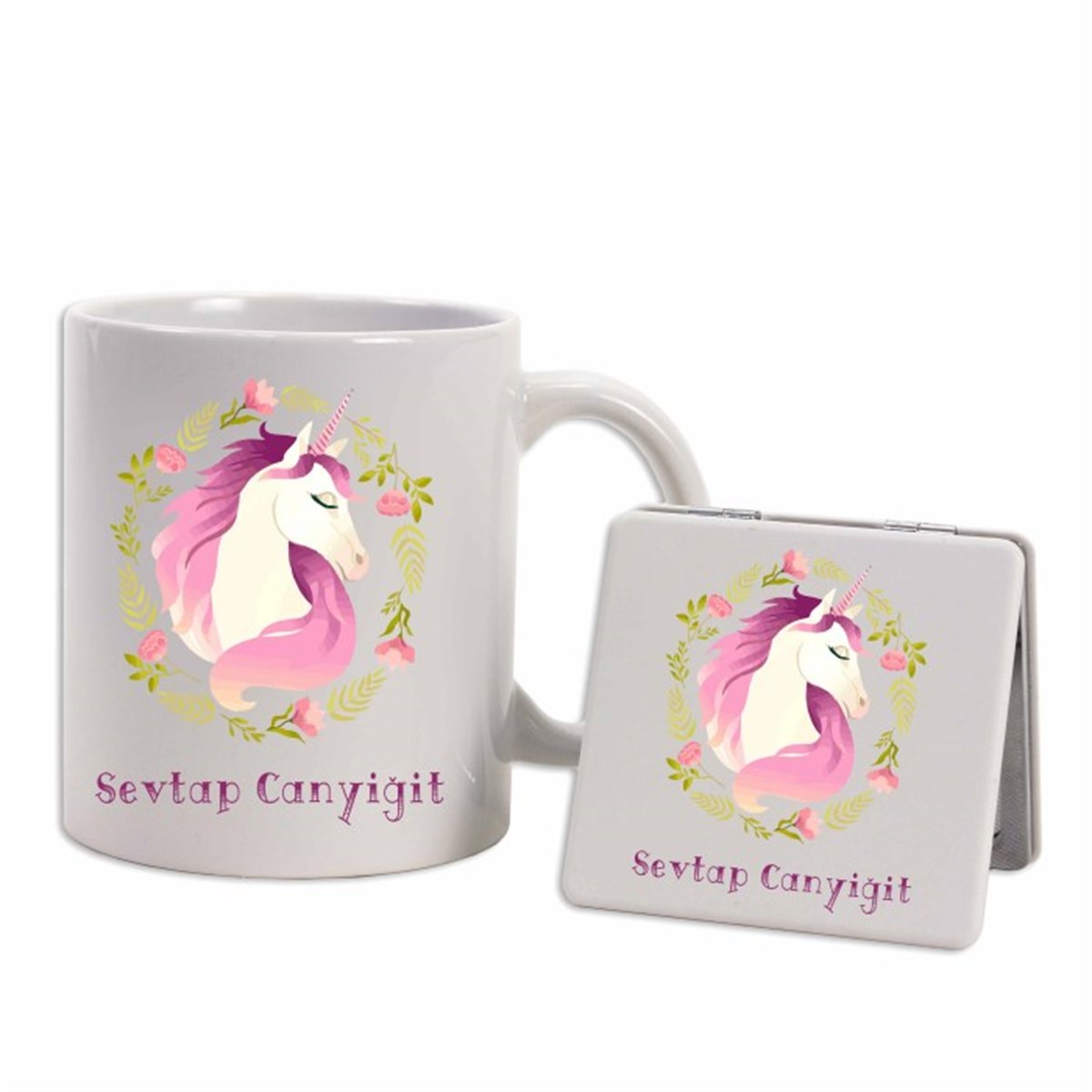 İsme Özel Kupa Bardak ve Ayna Seti - Unicorn