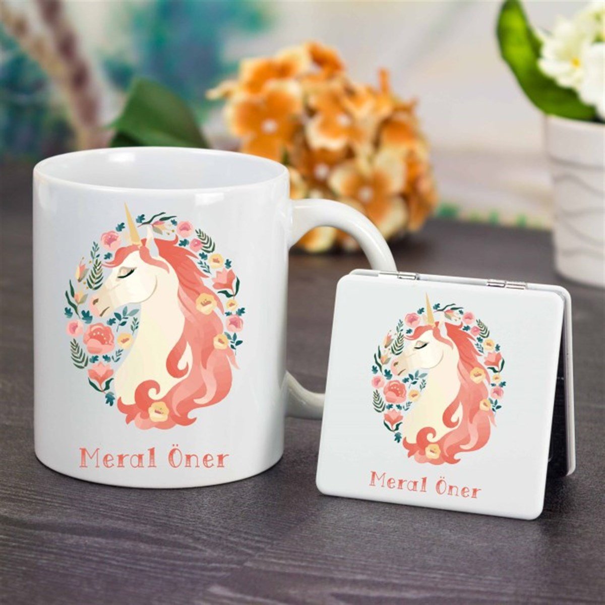 İsme Özel Kupa Bardak ve Ayna Seti - Unicorn M2
