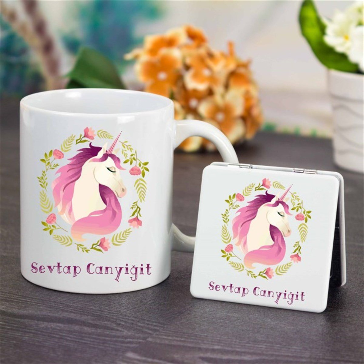 İsme Özel Kupa Bardak ve Ayna Seti - Unicorn