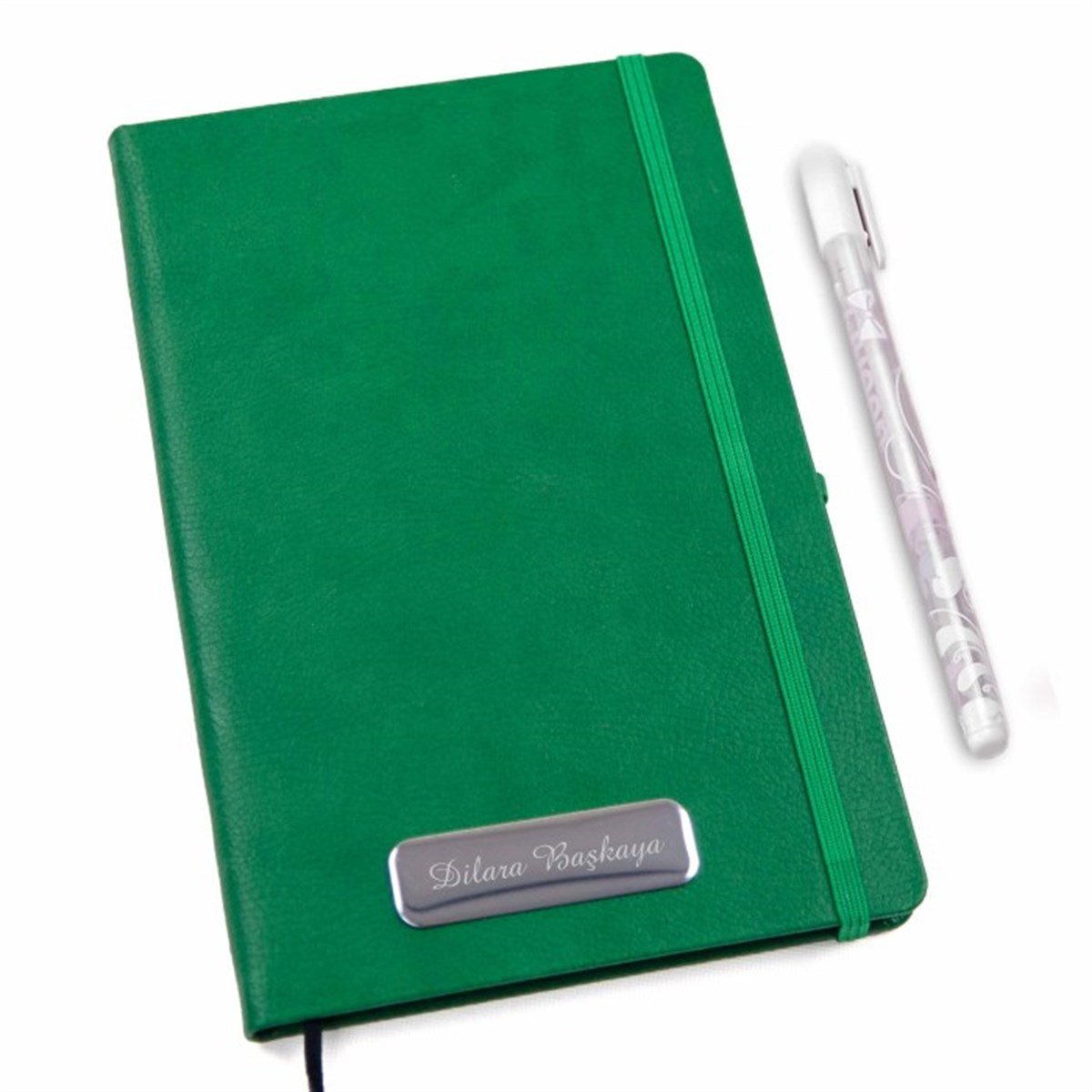 İsme Özel Lastikli Siyah Yapraklı Defter ve Kalem Seti