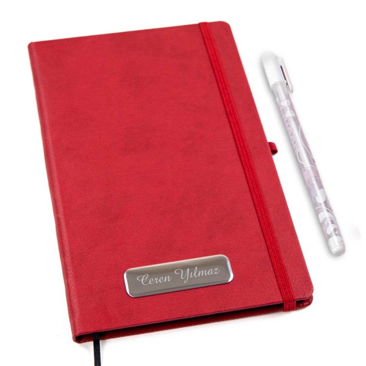 İsme Özel Lastikli Siyah Yapraklı Defter ve Kalem Seti