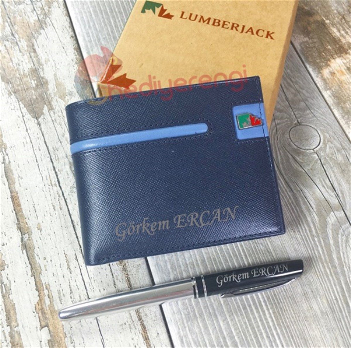 İsme Özel Lumberjack Çuval Baskı Deri Cüzdan Mavi Şeritli (L0029)