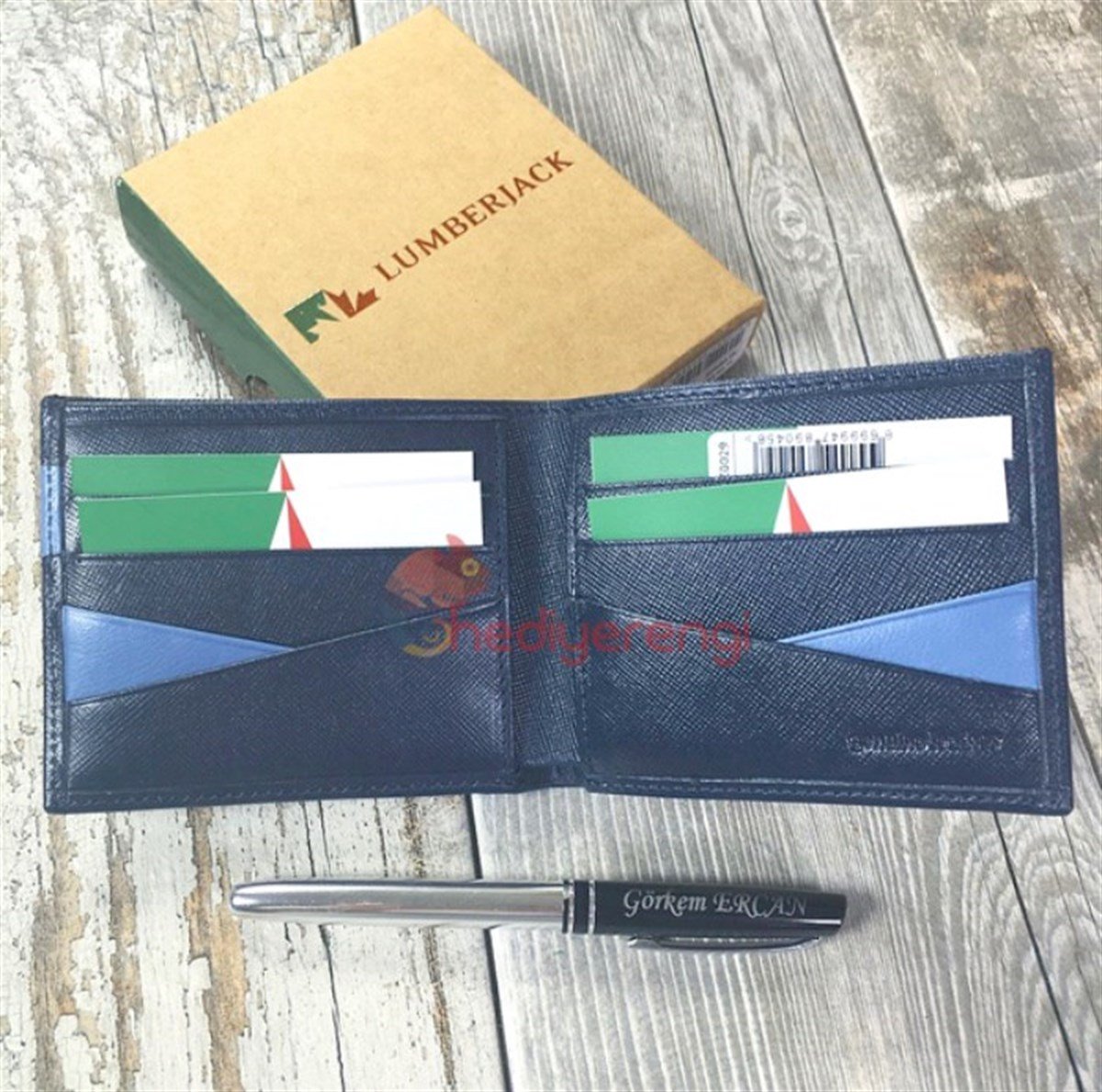 İsme Özel Lumberjack Çuval Baskı Deri Cüzdan Mavi Şeritli (L0029)