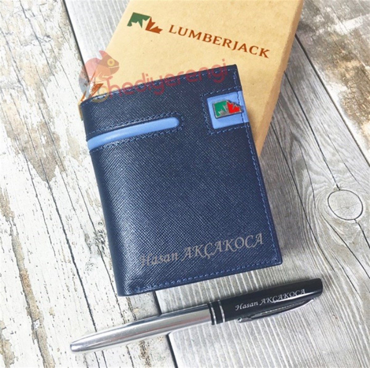 İsme Özel Lumberjack Çuval Baskı Dik Deri Cüzdan Mavi Şeritli (L0033)