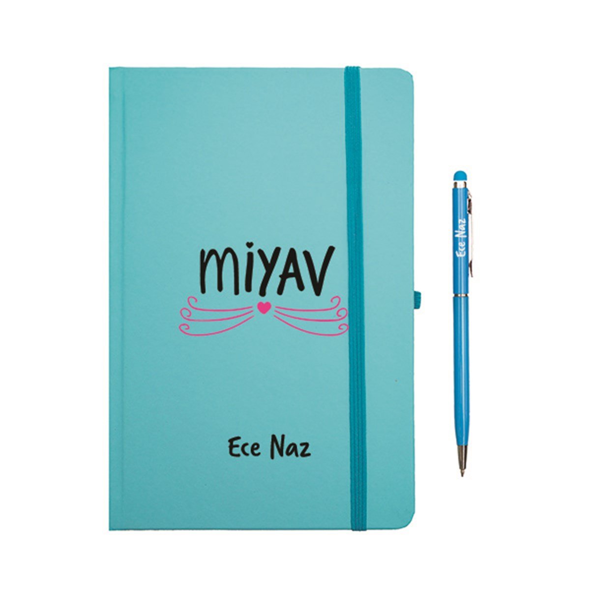 İsme Özel Miyav Temalı  Defter ve Kalem Seti - Mavi