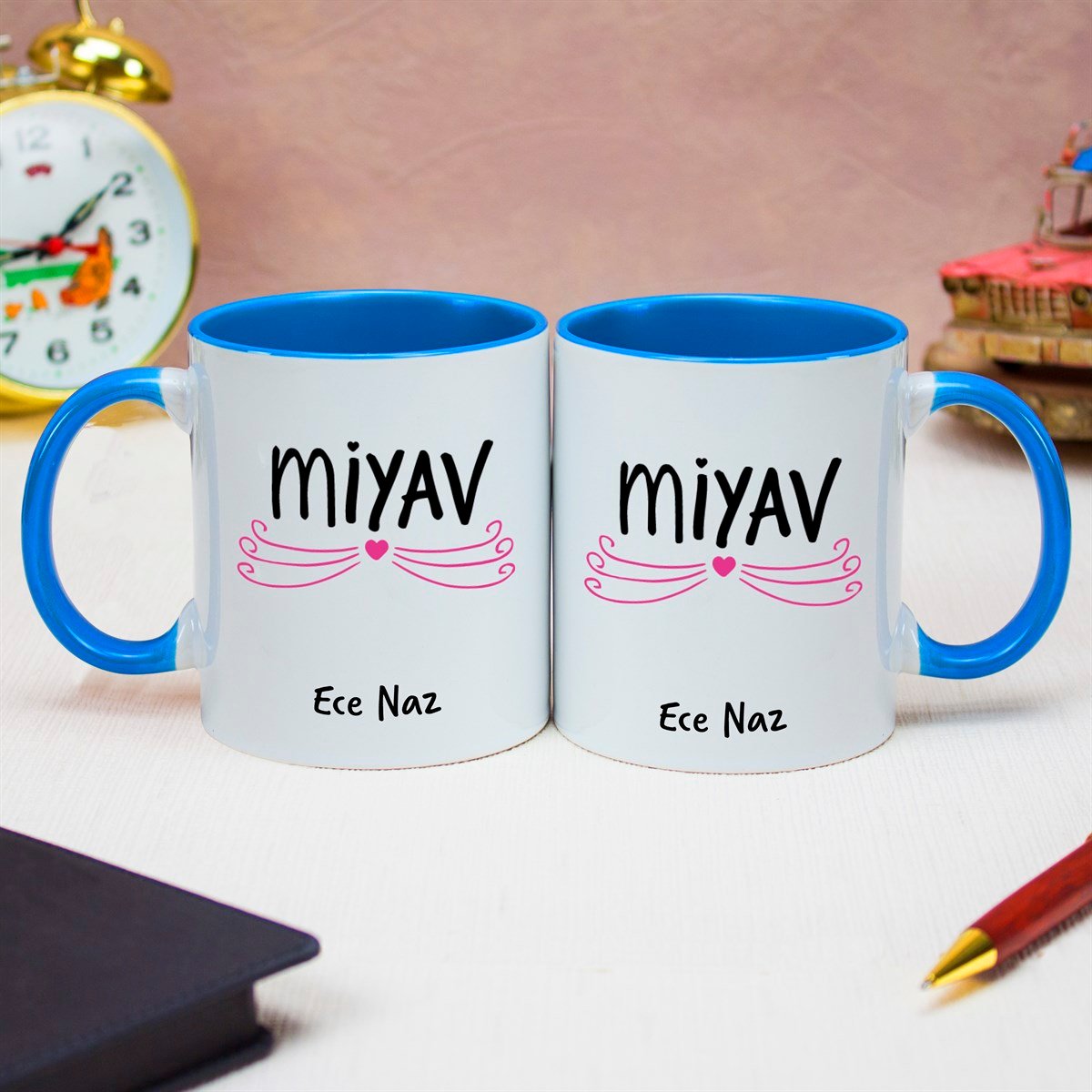 İsme Özel Miyav Temalı Kupa Bardak - Mavi