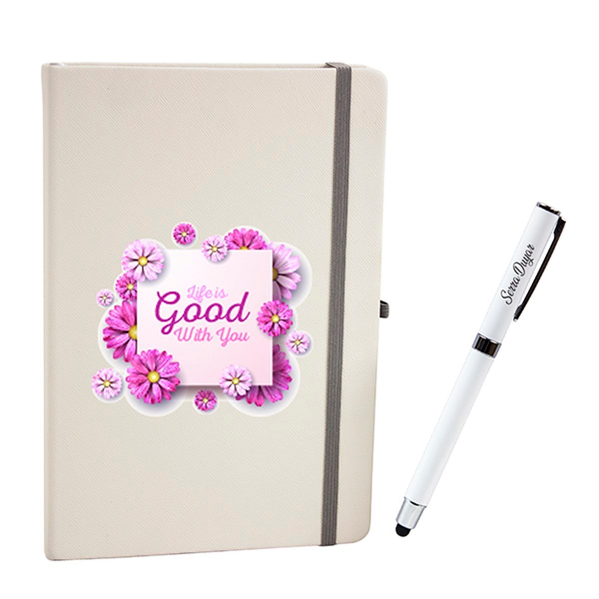 İsme Özel Pink Flowers Defter ve Kalem Seti - Life Is Good With You