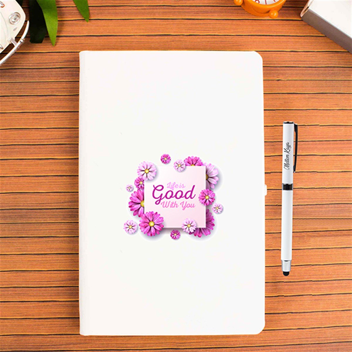 İsme Özel Pink Flowers Defter ve Kalem Seti - Life Is Good With You