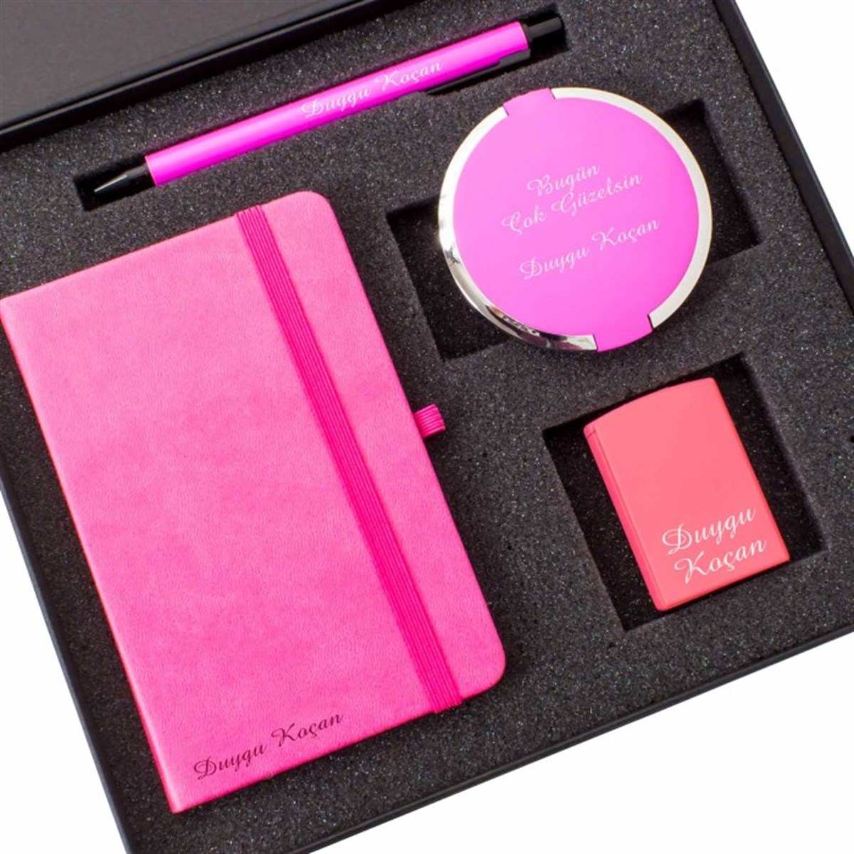 İsme Özel Premium Defter Kalem Ayna ve Çakmak Seti Pembe 