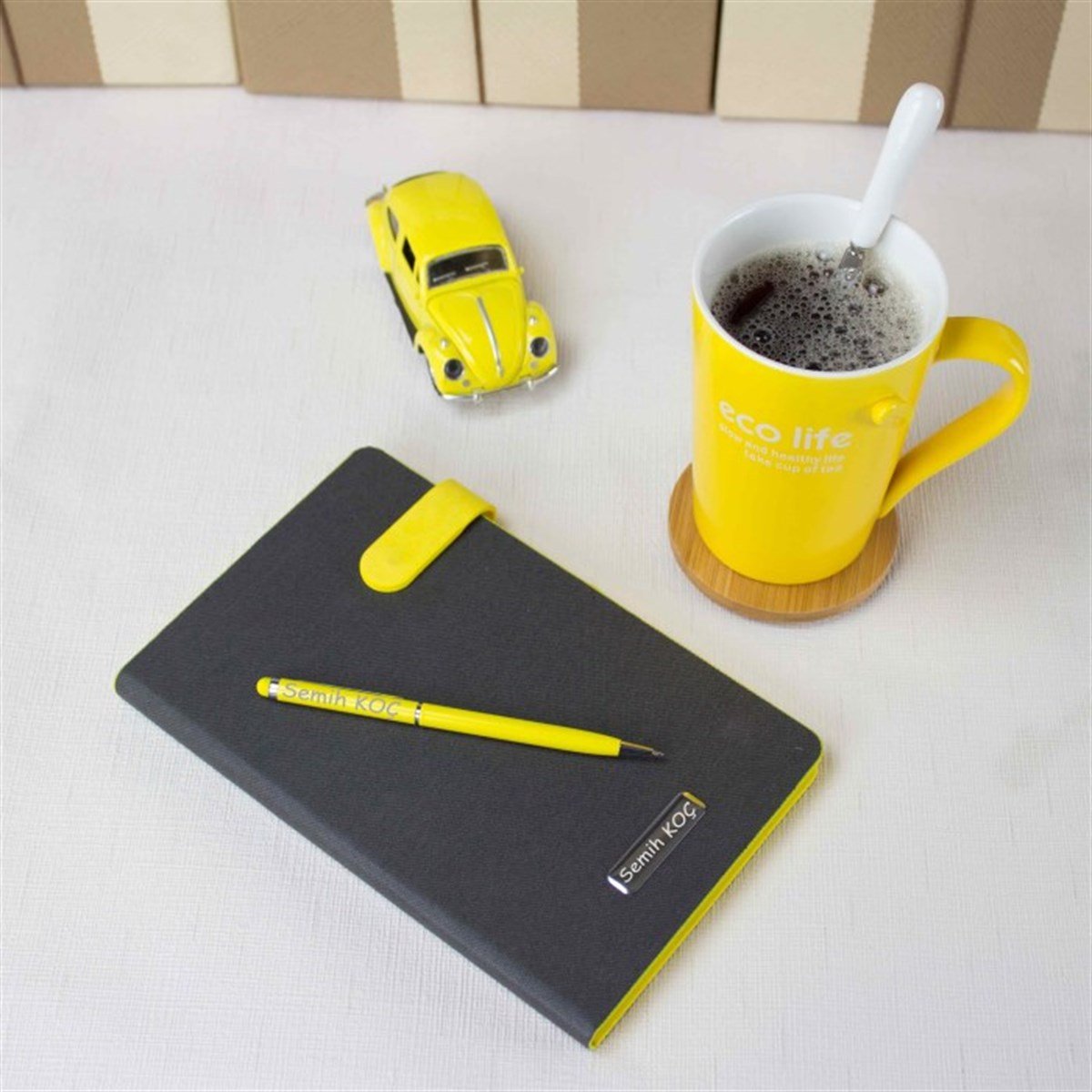 İsme Özel Premium Defter Kupa Bardak Ve Kalem Seti - Sarı
