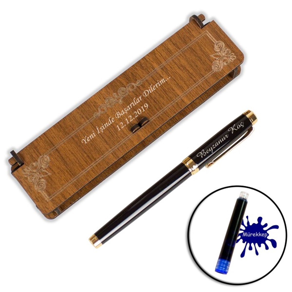İsme Özel Premium Metal Dolma Kalem Ahşap Kutulu Siyah