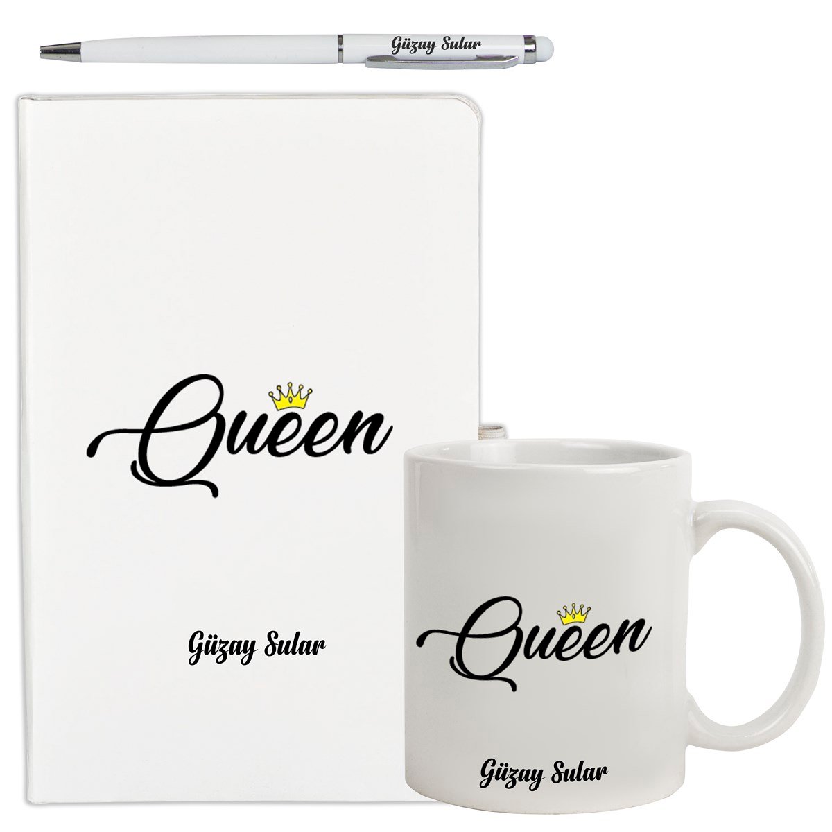 İsme Özel Queen Temalı Defter Kupa Bardak ve Kalem Seti