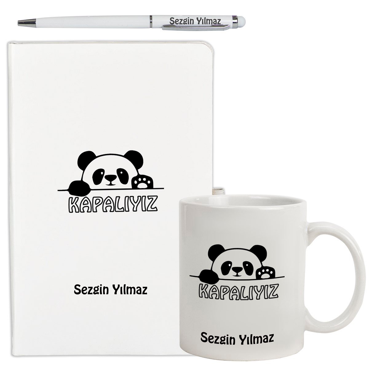 İsme Özel Sevimli Panda Temalı Defter Kupa Bardak ve Kalem Seti