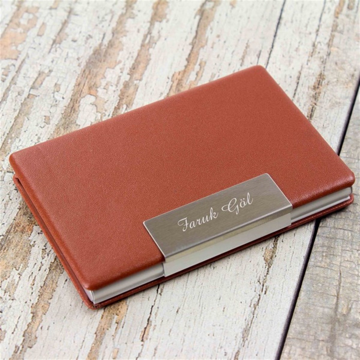 İsme Özel Taba Deri ve Metal Kaplamalı Kartvizitlik​
