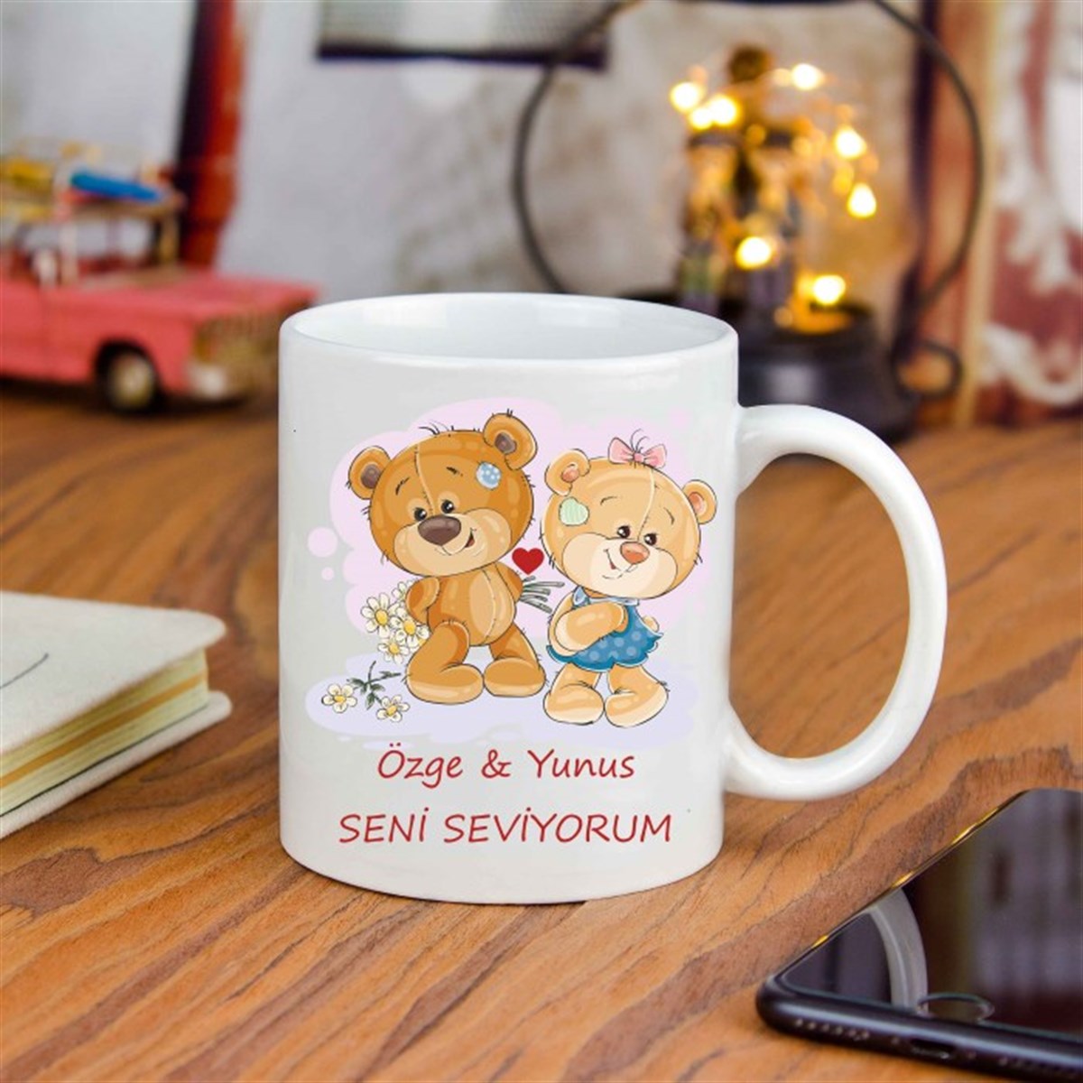 İsme Özel Tasarımlı Kupa Bardak - Romantik Ayıcıklar