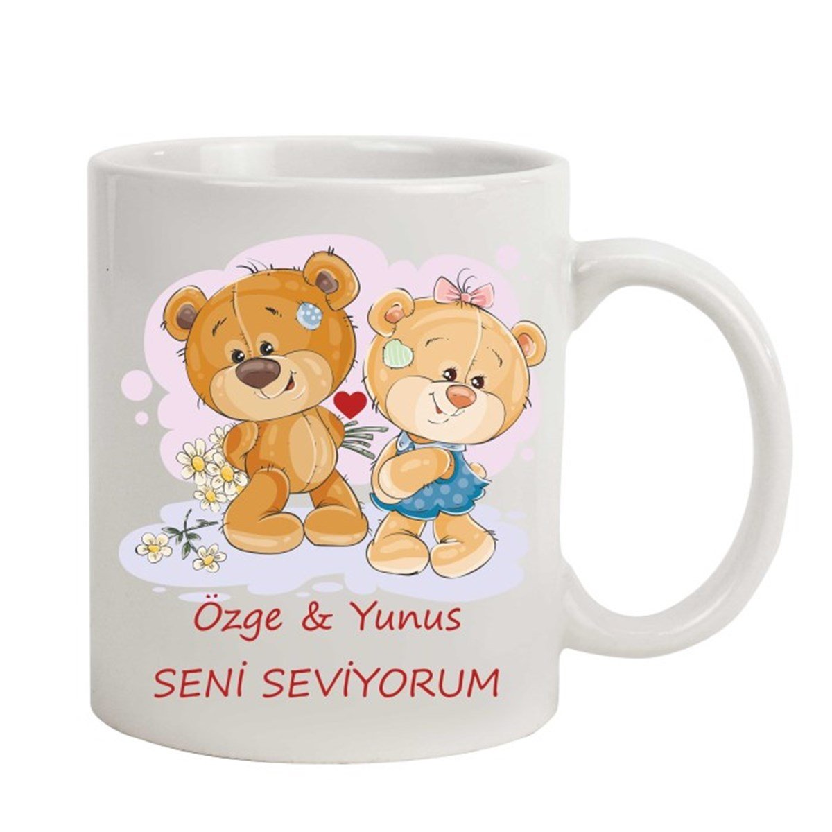 İsme Özel Tasarımlı Kupa Bardak - Romantik Ayıcıklar