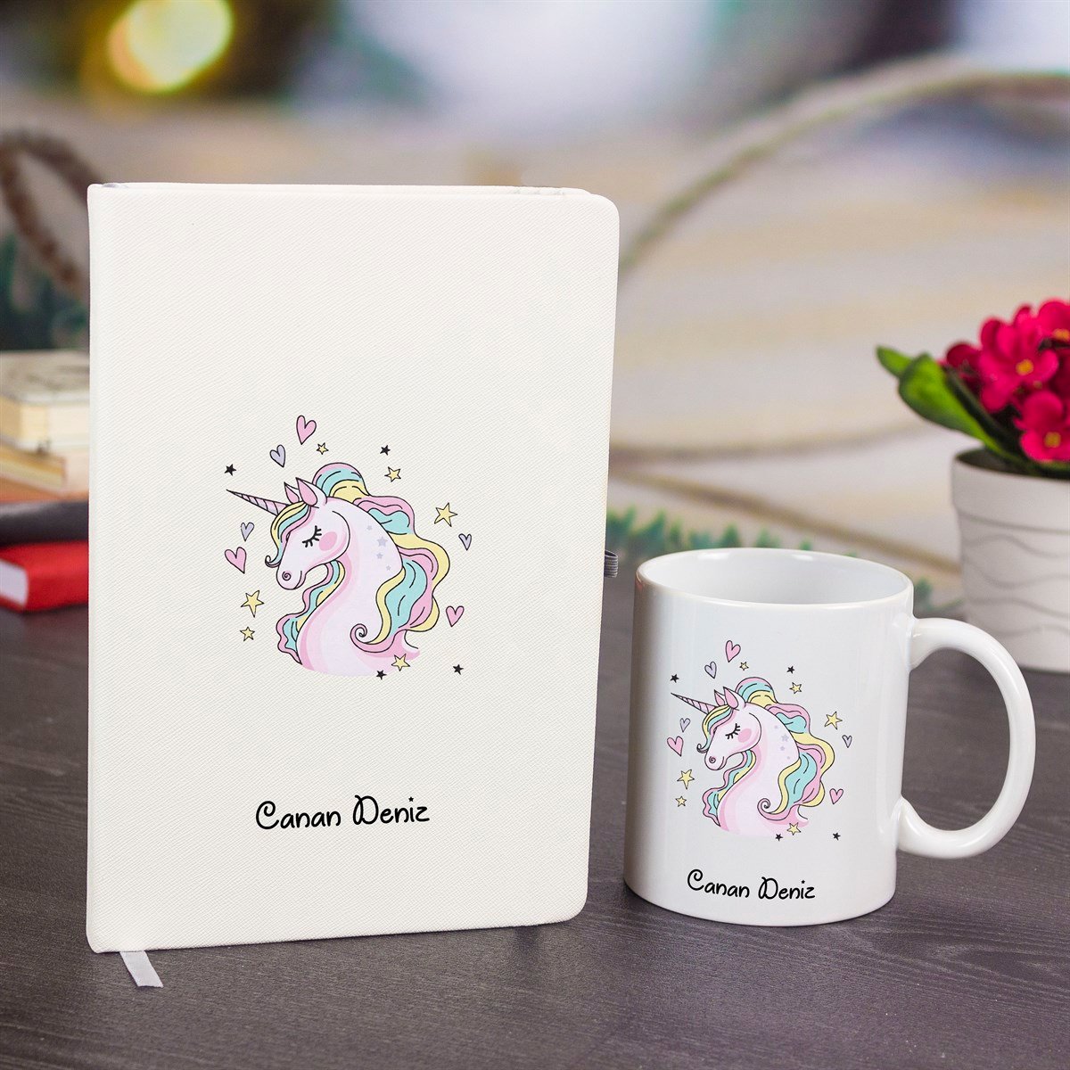 İsme Özel Unicorn Temalı Defter Kupa Bardak ve Kalem Seti