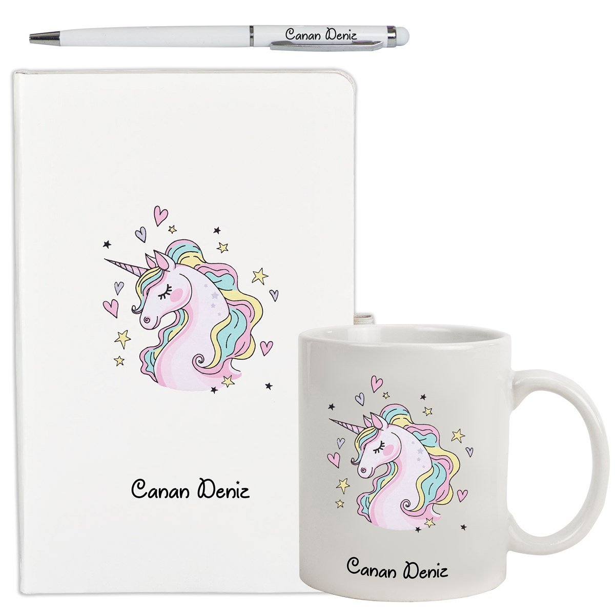İsme Özel Unicorn Temalı Defter Kupa Bardak ve Kalem Seti
